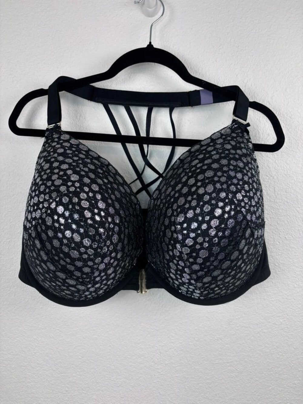 Cacique 42H black silver boost plunge underwire bra push up front close NWT